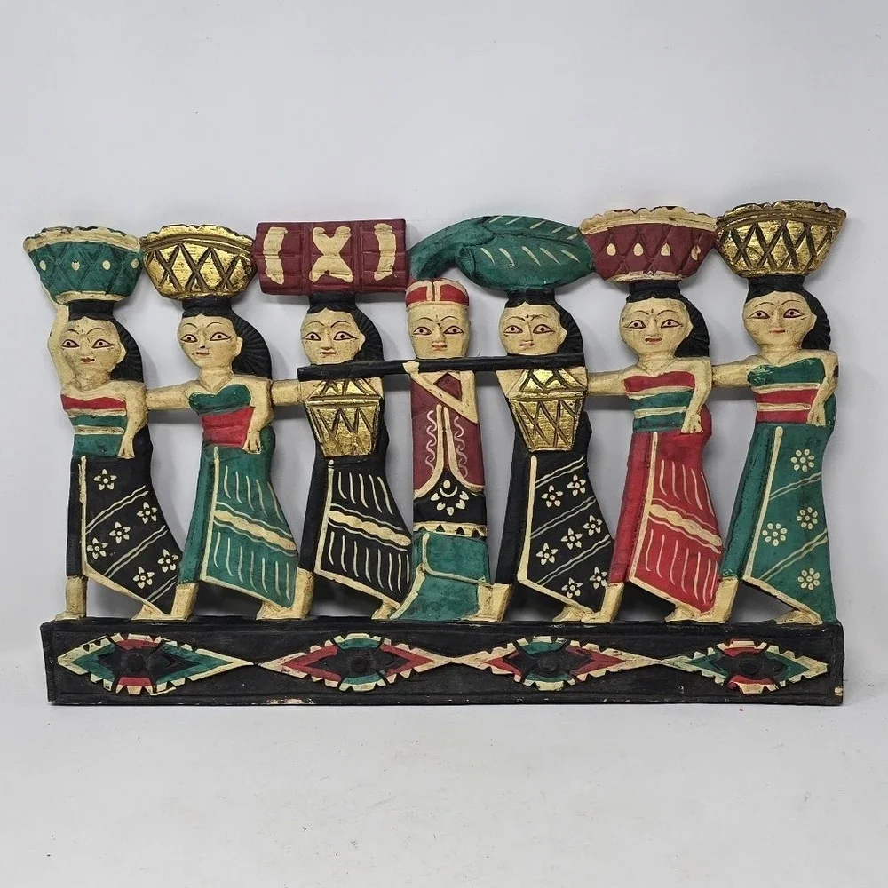 Vtg Balinese hand carved wood wall art procession figures painted gold relief